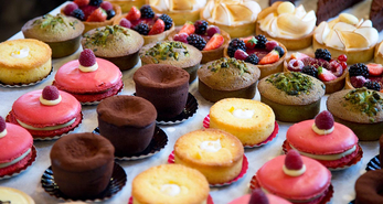Different types of sweets displayed on a counter